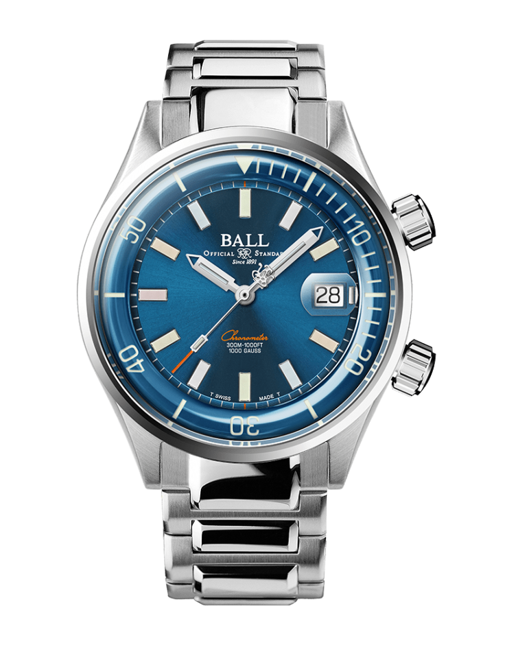 Stainless steel wristwatch with a blue dial and rotating bezel from the Ball Watch Company.