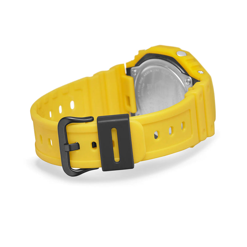 Yellow plastic watch band with a black buckle.