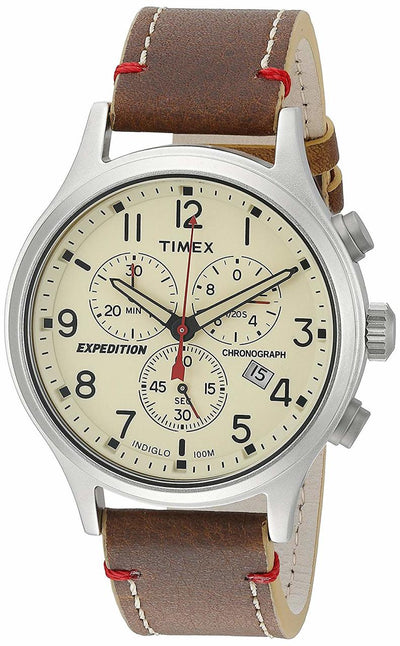 Timex Mens Expedition Scout Beige Dial Brown Leather Band Chronograph Watch (Tw4B04300)