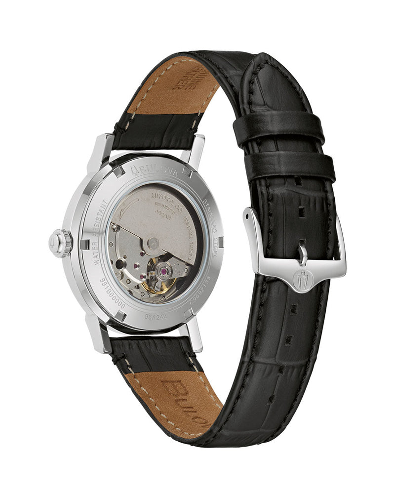 Bulova Classic Automatic Blue Dial Black Leather Band Mens Watch 96A242