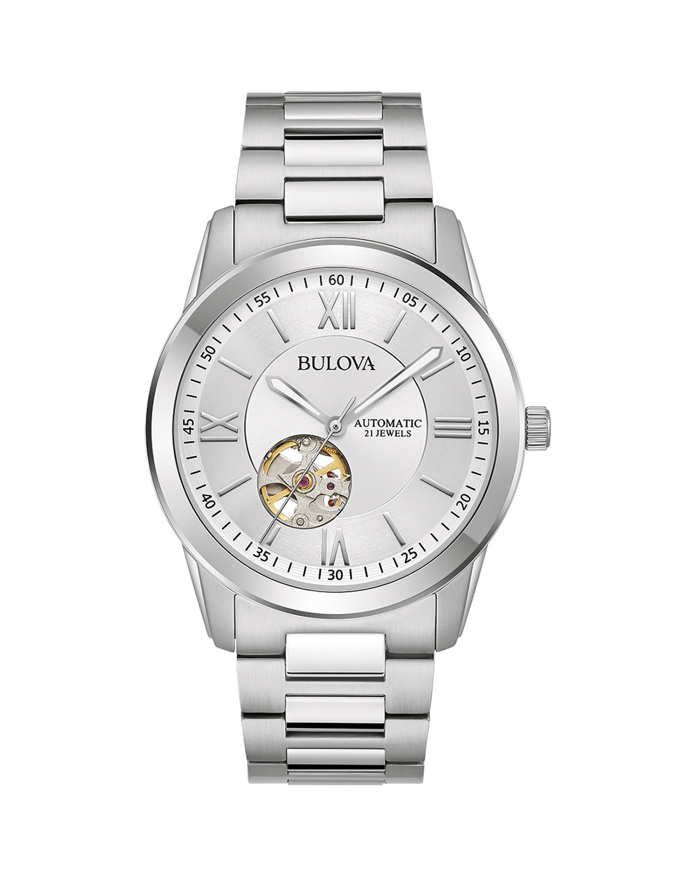 Silver-toned wristwatch with a white dial and visible mechanical movement.