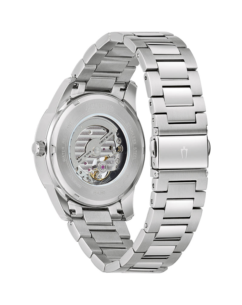 Stainless steel wristwatch with a visible mechanical movement through the transparent case back.