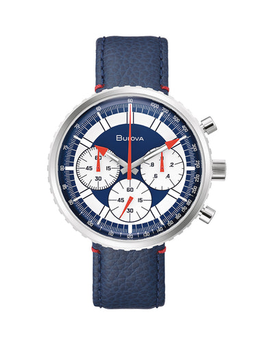 Stylish chronograph wristwatch with a blue dial and leather strap.