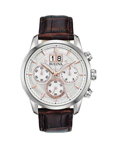 Bulova Classic Chronograph Brown Leather Mens Watch 96B309