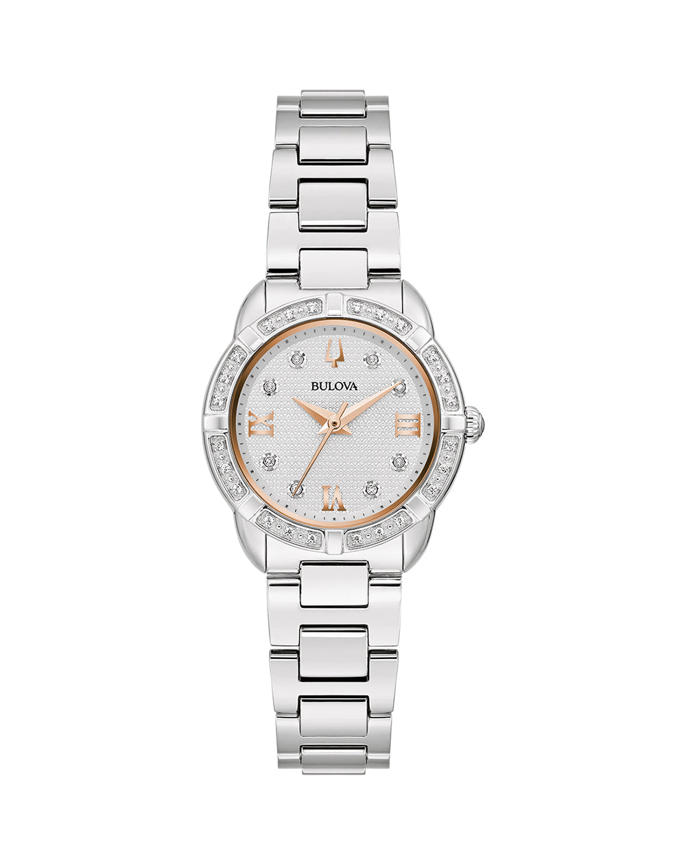 Bulova Women's Rose Gold and Stainless-Steel Diamond Watch with Silver Dial 96R250