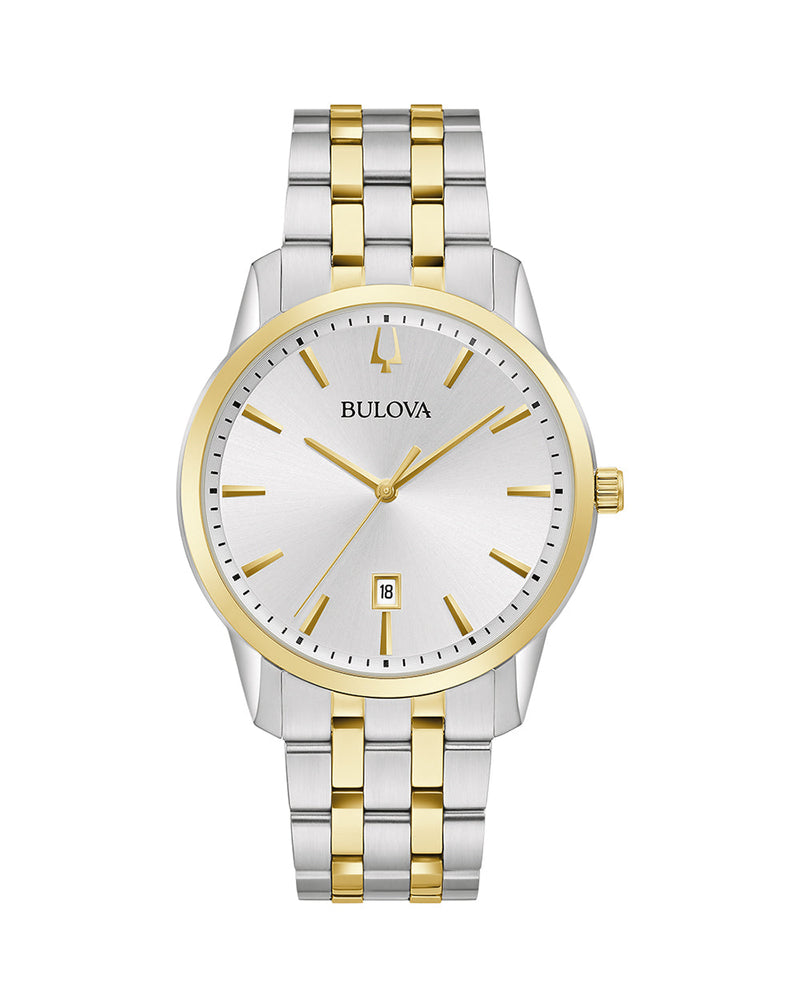 Elegant wristwatch with a two-tone silver and gold metal band and white dial face.