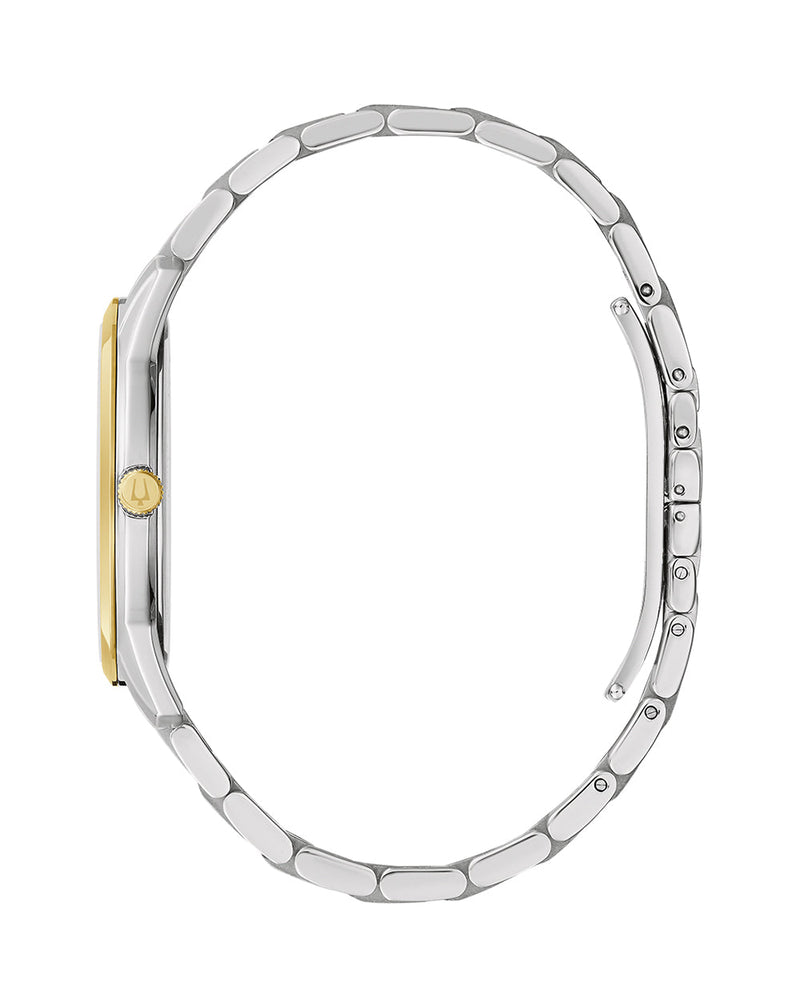 Sleek wristwatch with a silver metal band and gold-accented face.