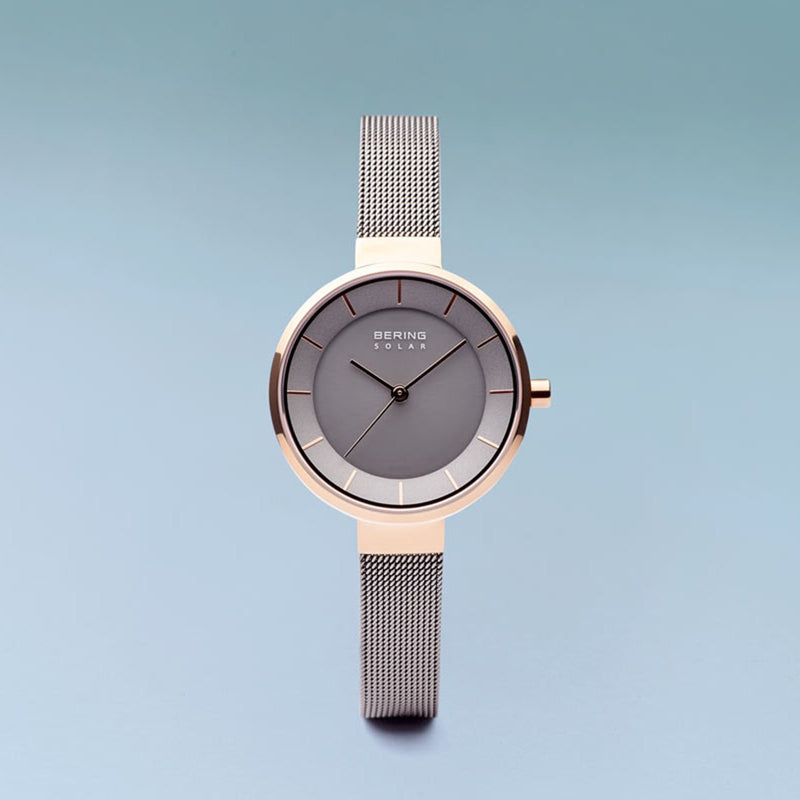 Bering Slim Solar Polished Rose Gold Grey Mesh Watch