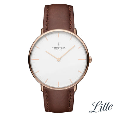 Elegant wristwatch with a white face, rose gold case, and brown leather strap.