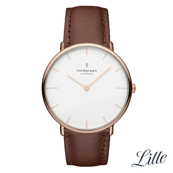 Elegant wristwatch with a white face, rose gold case, and brown leather strap.
