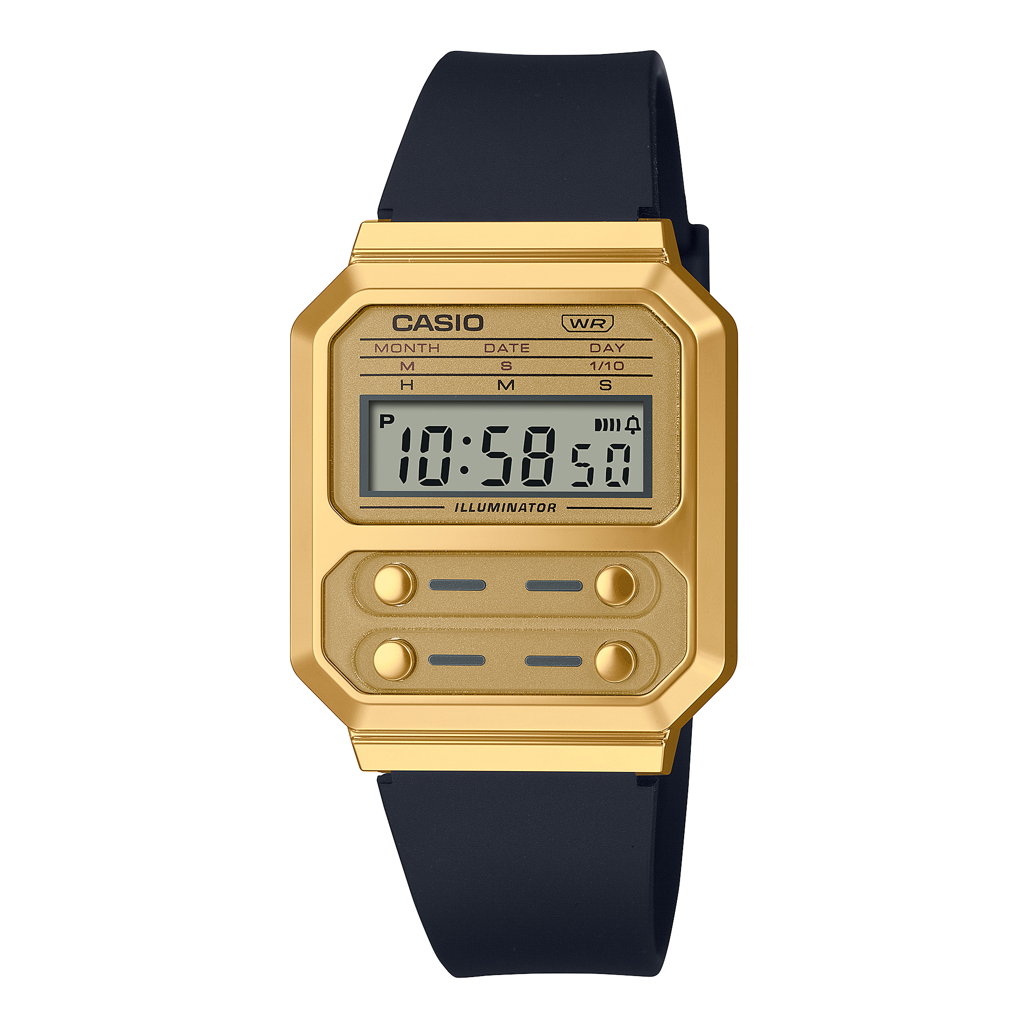 Gold-colored digital Casio watch with a black strap and retro-style square face.