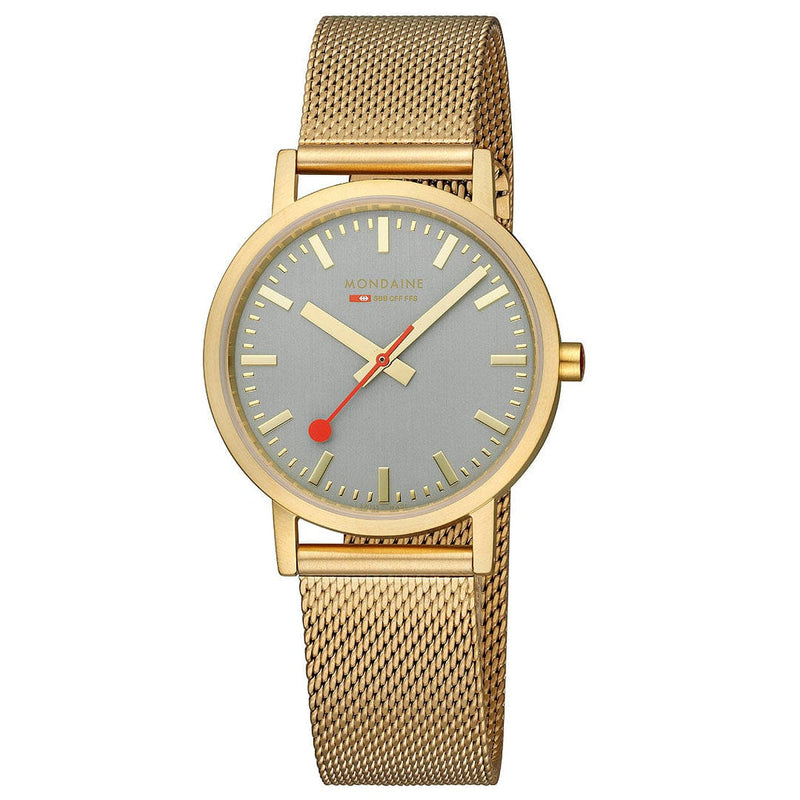 Gold-toned wristwatch with a mesh band and gray dial face.