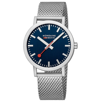 Sleek silver wristwatch with a round blue face and red second hand.