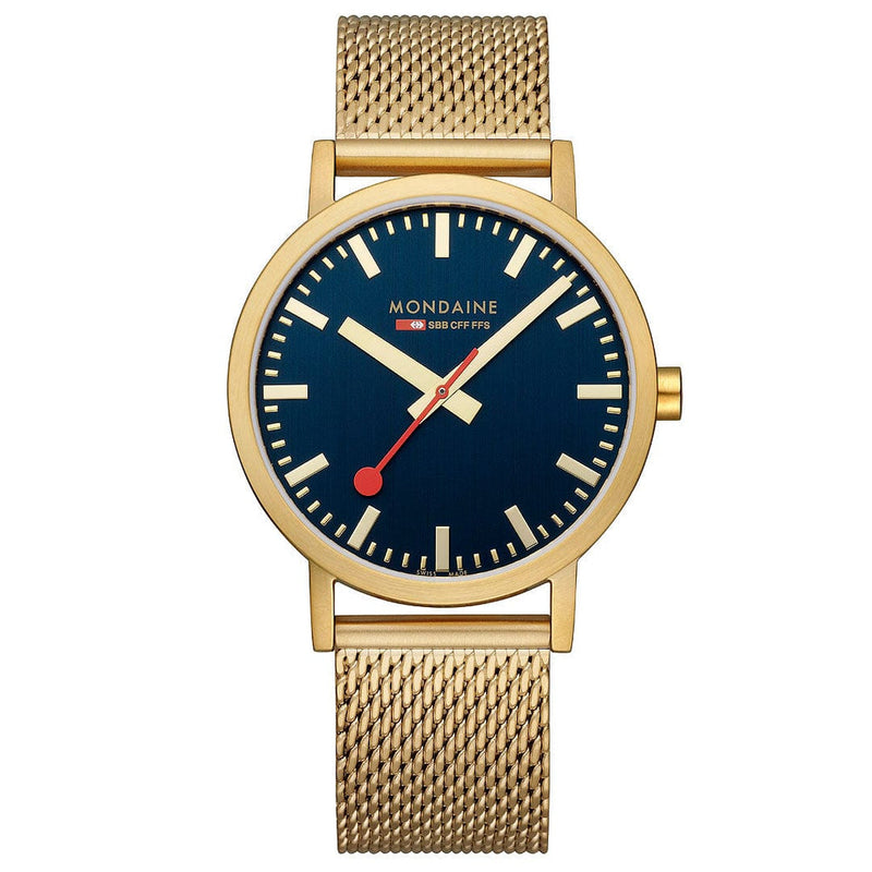 Gold-toned wristwatch with a navy blue dial and mesh metal band.