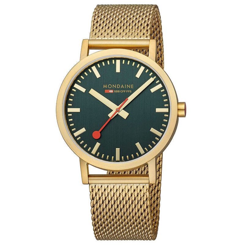 Gold-toned wristwatch with a green dial and mesh metal band.