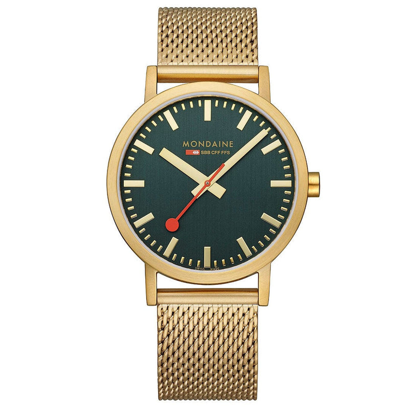 Gold-toned wristwatch with a dark green face and mesh metal band.