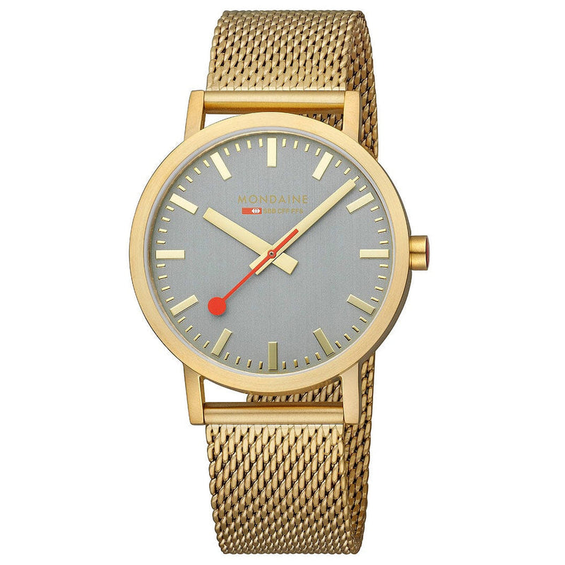 Gold-toned wristwatch with a gray dial and mesh metal band.