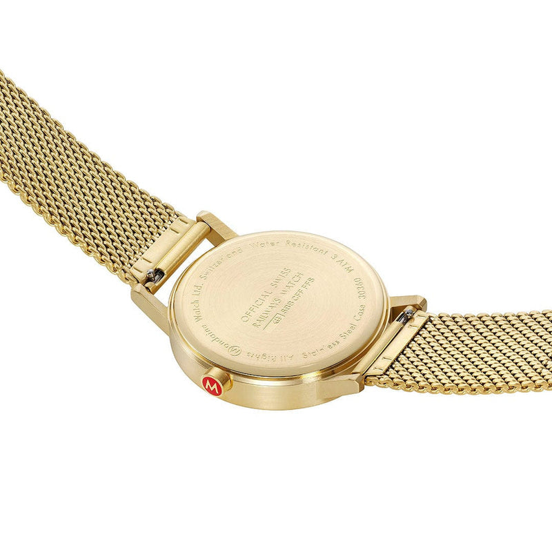 Gold-toned wristwatch with a mesh metal band.