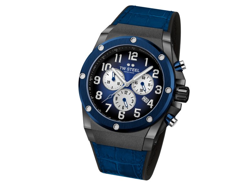 Stylish blue and black chronograph wristwatch with a sporty design.