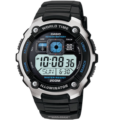 Digital sports watch with a round face, multiple displays, and a black resin band.