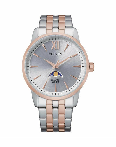 Elegant wristwatch with a two-tone silver and rose gold metal band and moonphase complication.