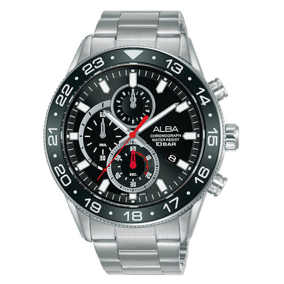 Stainless steel chronograph wristwatch with a black dial and rotating bezel.