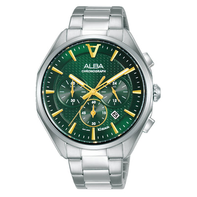 Stainless steel wristwatch with a green dial and gold accents.