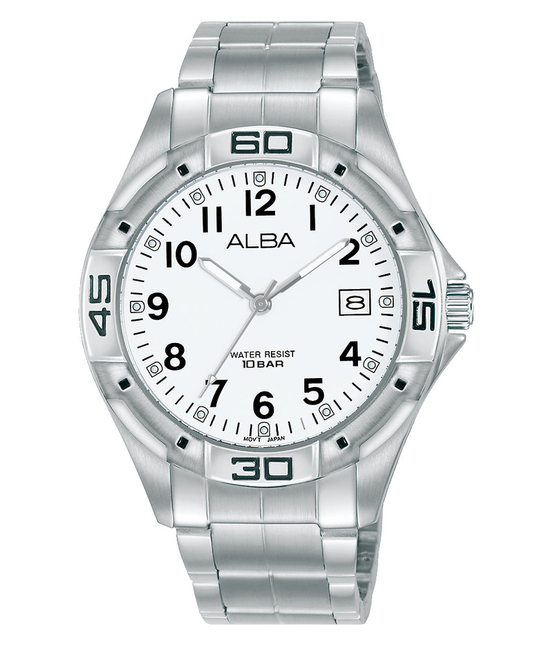 Silver-toned wristwatch with a white dial and Arabic numeral hour markers.