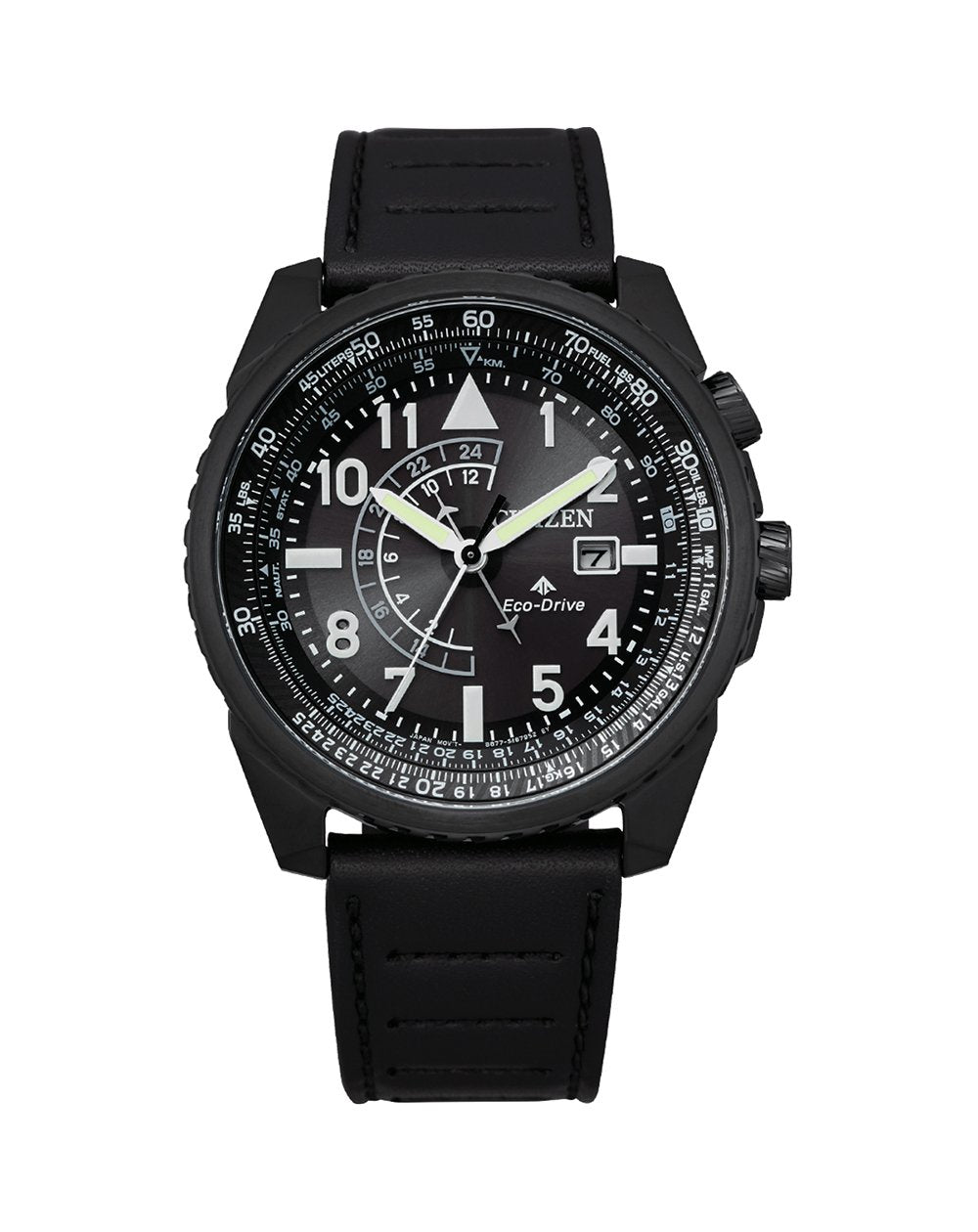 Black wristwatch with a round face, white numerals, and a rubber strap.