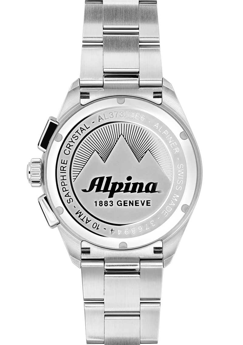 Silver wristwatch with ’Alpina 1883 Geneve’ engraved on its back case.