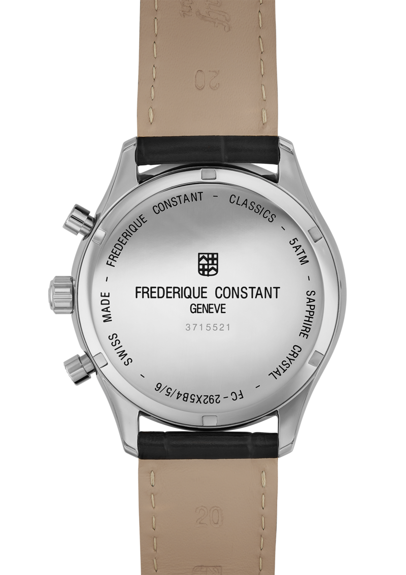 Back of a Frederique Constant wristwatch with a black leather strap.