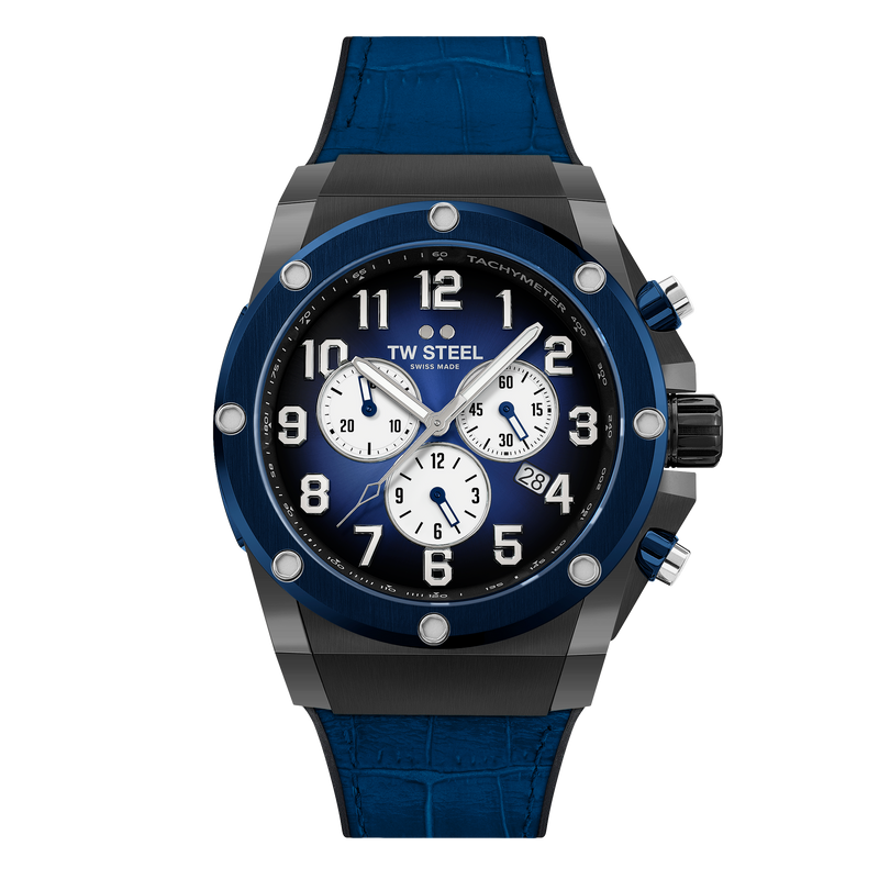 Sporty blue and black chronograph wristwatch with a rubber strap.