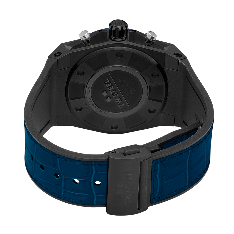 Wristwatch with a black case and blue strap.