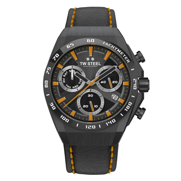 Stylish black and orange chronograph wristwatch with a leather strap.