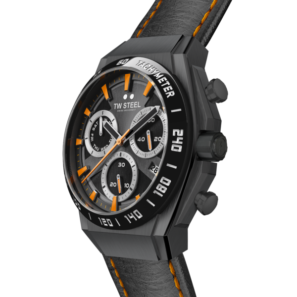 Sleek black chronograph wristwatch with orange accents and a leather strap.