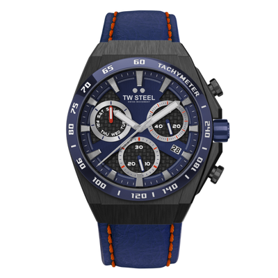 Sporty chronograph wristwatch with a blue leather strap and black case.