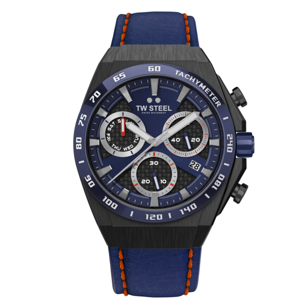 Sporty chronograph wristwatch with a blue leather strap and black case.