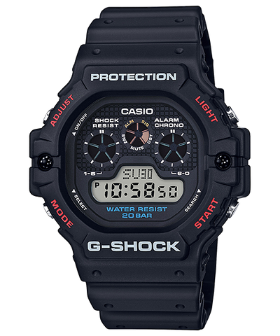 Rugged black Casio G-Shock digital wristwatch with multiple functions displayed.