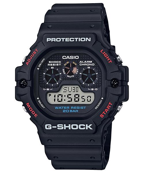 Rugged black Casio G-Shock digital wristwatch with multiple functions displayed.