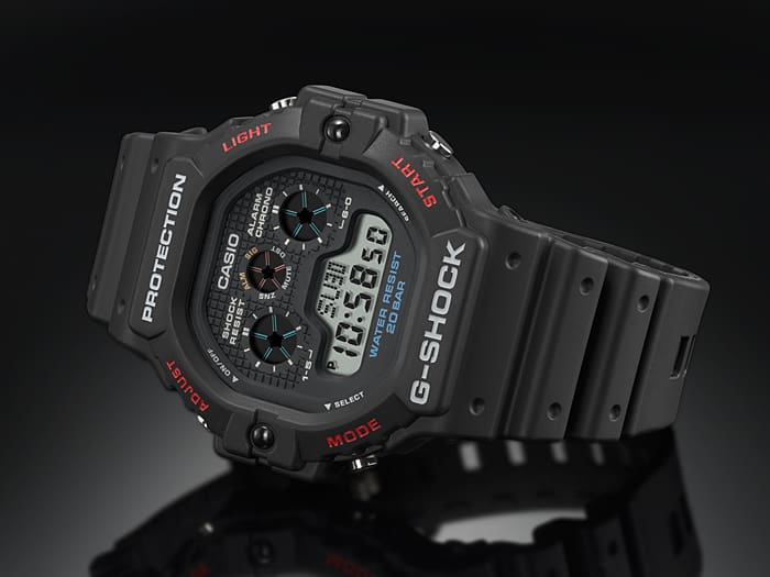 Rugged black G-Shock digital wristwatch with red accents.