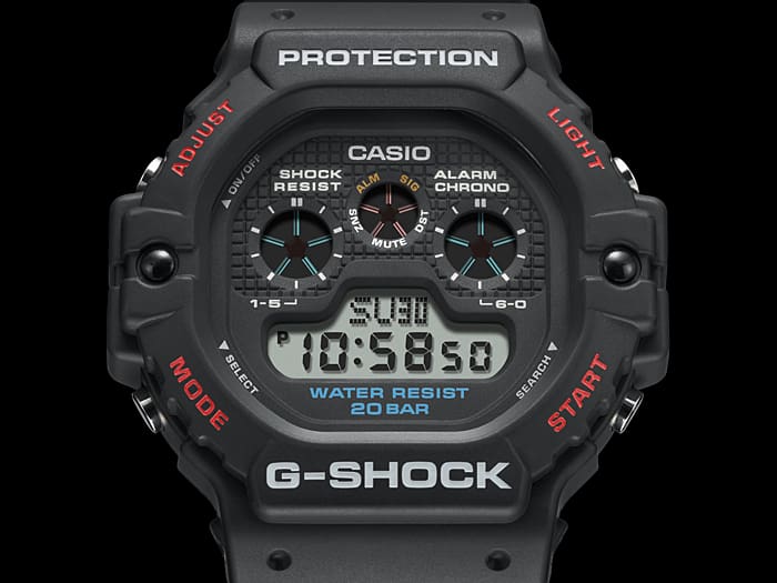 Rugged black Casio G-Shock digital wristwatch with multiple functions displayed.