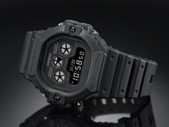 Rugged black digital wristwatch with a square face displaying the time.