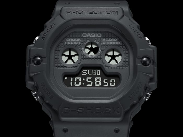 Rugged black Casio digital wristwatch with a protective exterior and multiple display features.