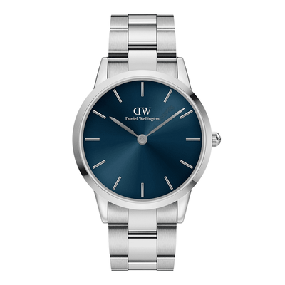 Sleek silver wristwatch with a dark blue dial face and minimalist design.