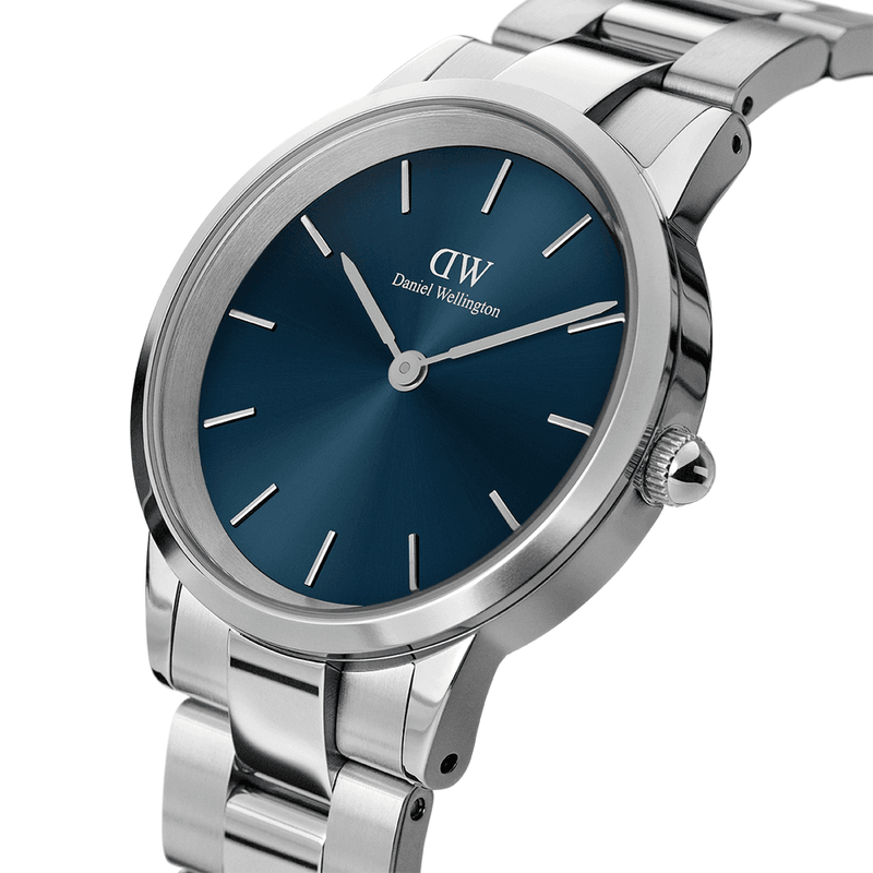 Sleek silver wristwatch with a blue dial face.