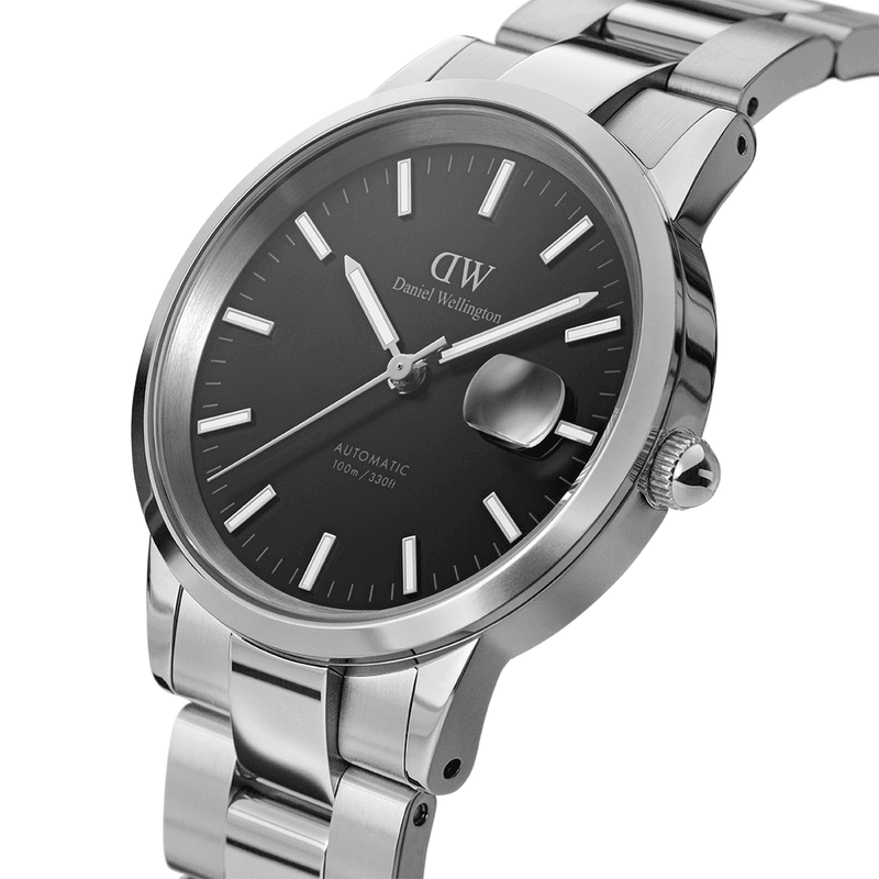 Stainless steel wristwatch with a black dial and date window.