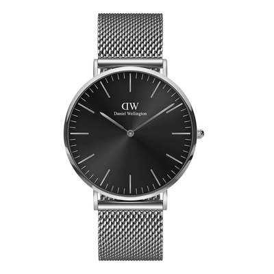 Sleek silver wristwatch with a black dial and mesh metal band.