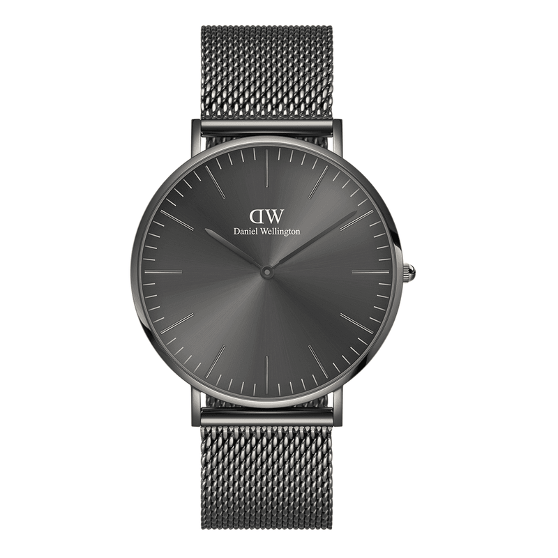 Sleek black wristwatch with a mesh metal band and minimalist dial design.