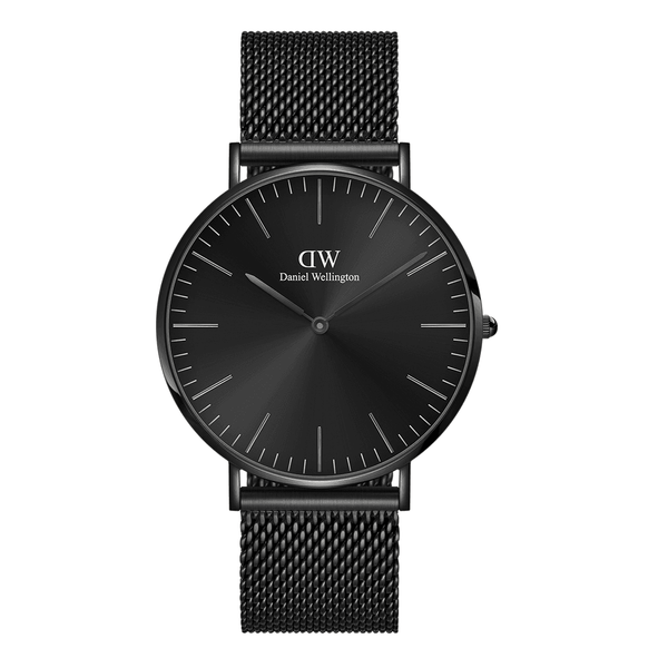 Sleek black wristwatch with a minimalist design and mesh metal band.