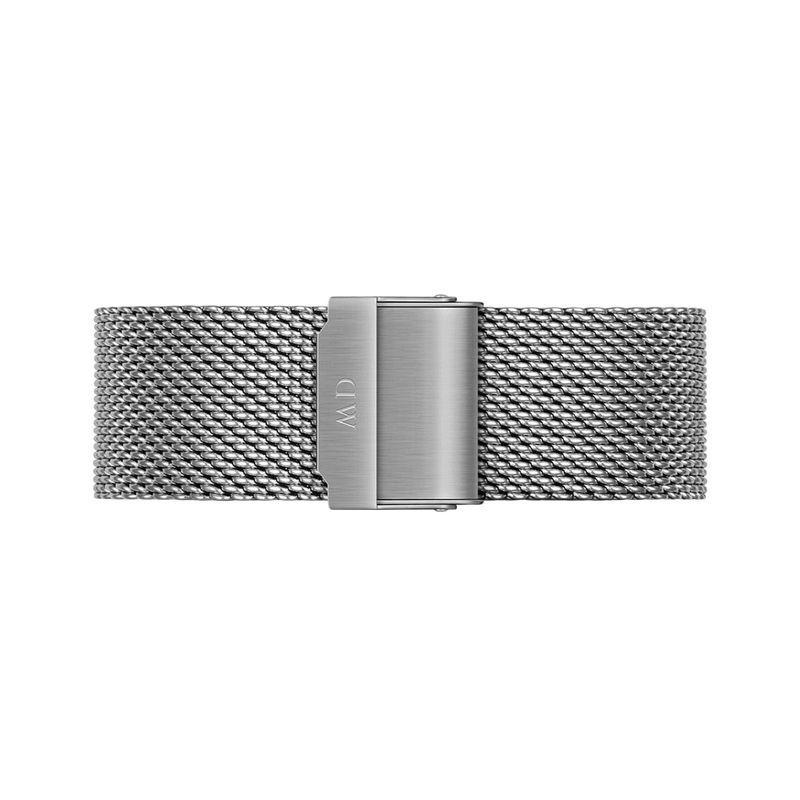 Silver mesh watch strap with a clasp.